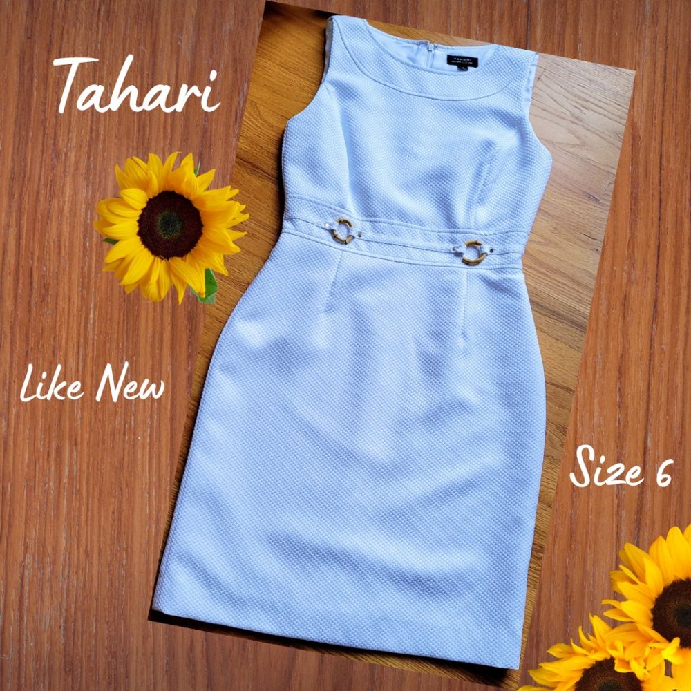 Tahari White Sheath Dress SZ 6 Scoop Neck Sleeveless Knee length Detailed Waist